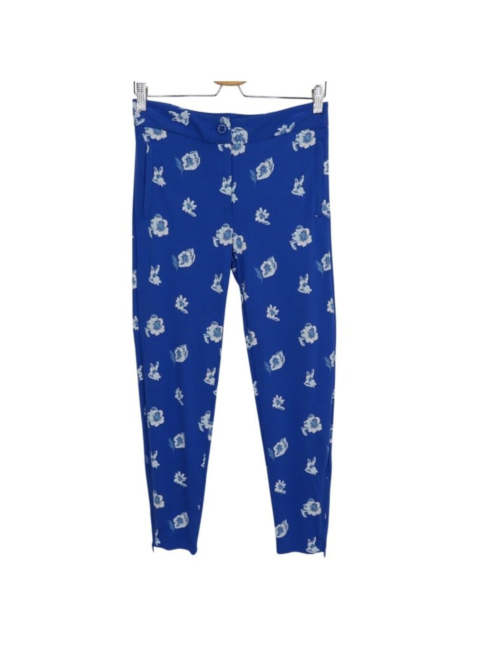 Betabrand Petite Small PS Blue Waterlily Cigarette Pant Zip Ankles Flower Floral